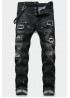 Black Button Fly Slim-fit Distressed Men's Jeans