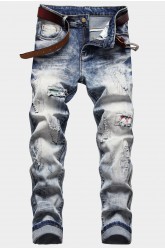 Wash Patchwork Slim-fit Distressed Men's Jeans