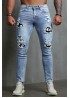 Sky Blue Men's Ripped Ghost Patches Slim Fit Skinny Jeans