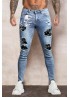 Sky Blue Skull Letter Print Patchwork Skinny Fit Men's Jeans