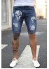 Blue American Flag Skull Print Skinny Distressed Men's Denim Shorts