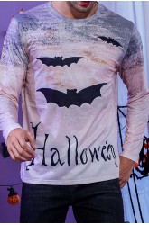 Men's Halloween Bat Print Long Sleeve Knit T-shirt