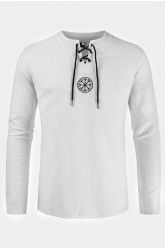 White Men's Pattern Print Lace-up Drawstring Long Sleeve Shirt