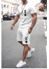 White Men's Poker Letter Print Short Sleeve Top and Shorts Suit