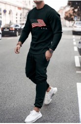 Men's U.S.A. Flag Print Long Sleeve Top and Sweatpants Sports Suit