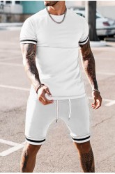 White Striped Short Sleeve T-shirt and Drawstring Shorts Men's Set
