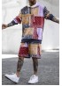Men's Pattern Print Color Block Long Sleeve Hoodie and Shorts Suit